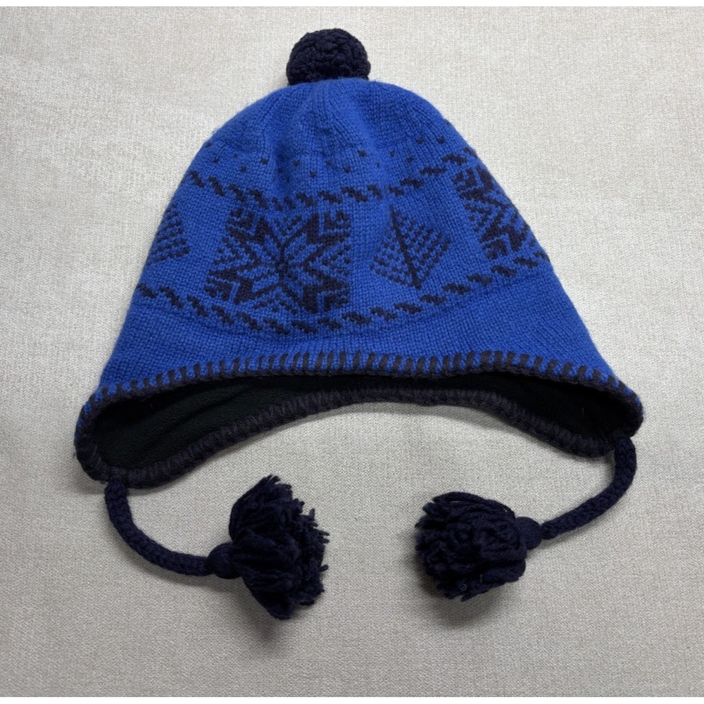 Patagonia Beanie Winter Hat Kids S Blue Wool Knit Ear Flap Fleece Lined Tassel